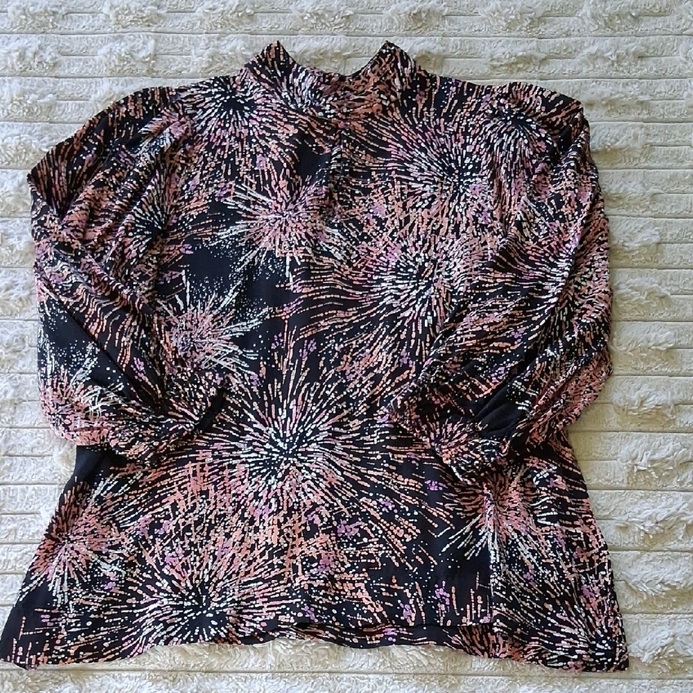 Masai Black and Pink Graphic 3/4 Sleeve Blouse with Mandarin Collar Medium